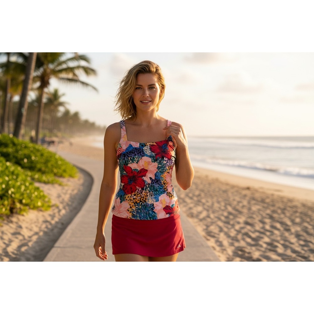 Athleta Tankini Top Womens Pink Floral Leopard Tropical Ruched 34D/DD